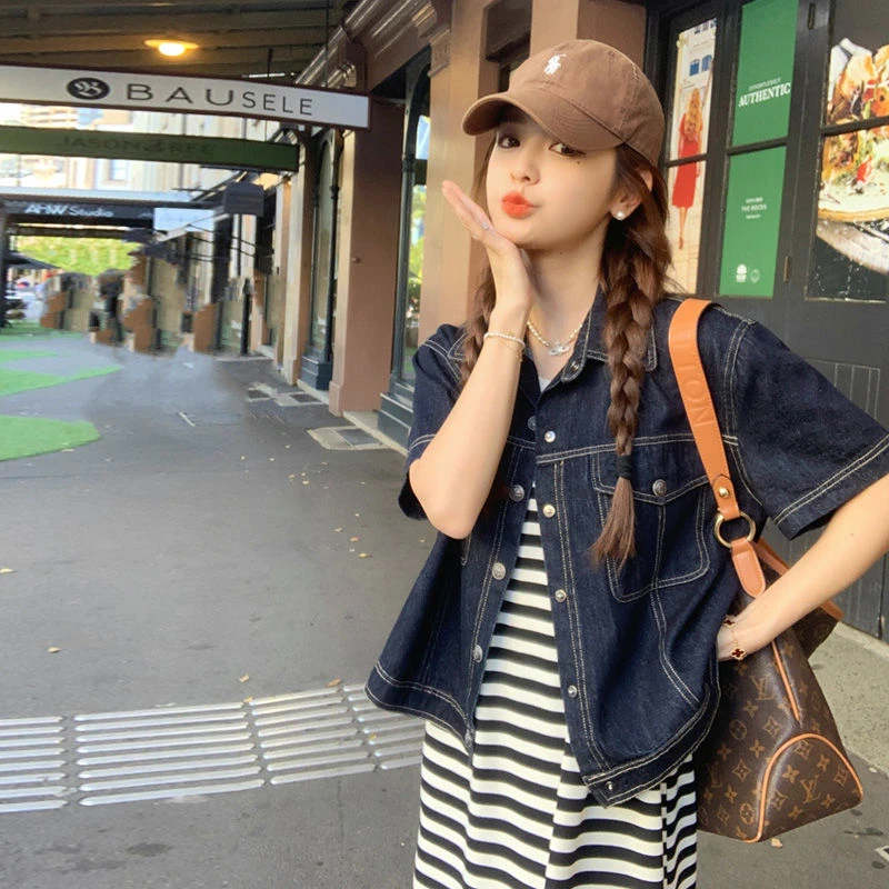 复古翻领牛仔外套女短款春季薄款2023新款韩版小个子上衣短袖衬衫