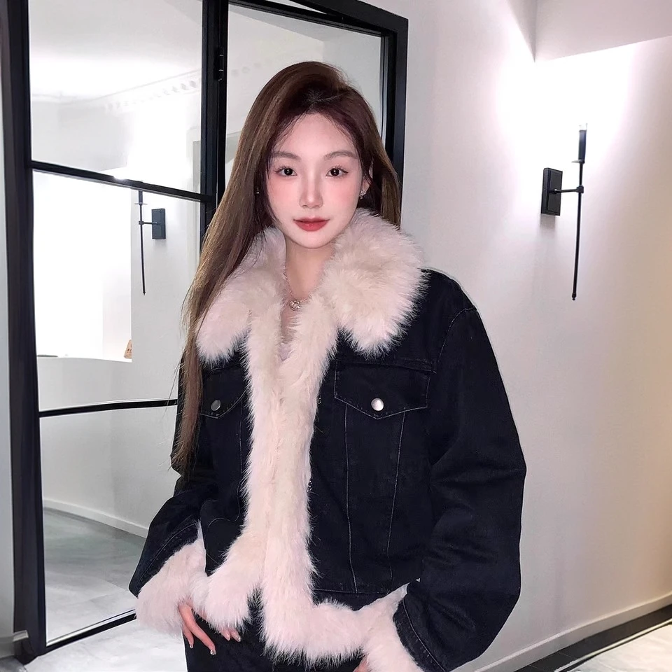 短款毛茸茸加厚牛仔棉服女2025年秋冬新款甜美小个子加绒百搭外套