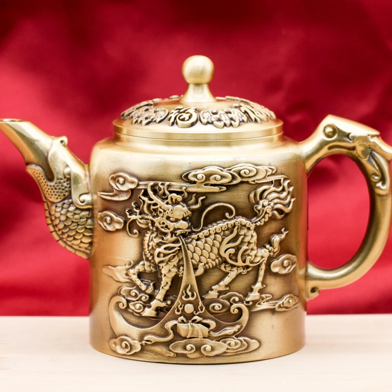 黄铜浮雕麒麟茶壶办公室茶室装饰古玩创意精品水壶茶具工艺品摆件