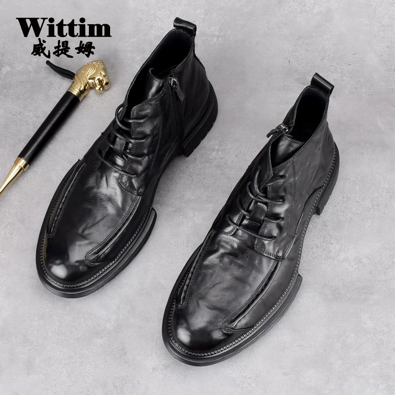 男士皮靴2023秋冬真皮高帮拉链款马丁靴厚底圆头商务工装靴男靴子