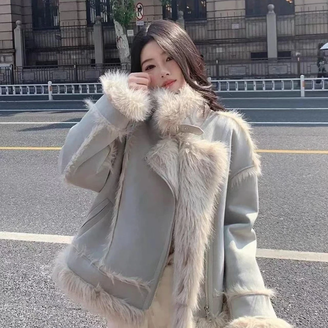 秋冬绒毛毛短外套加绒加厚冬新款仿皮毛一体棉服【9008】