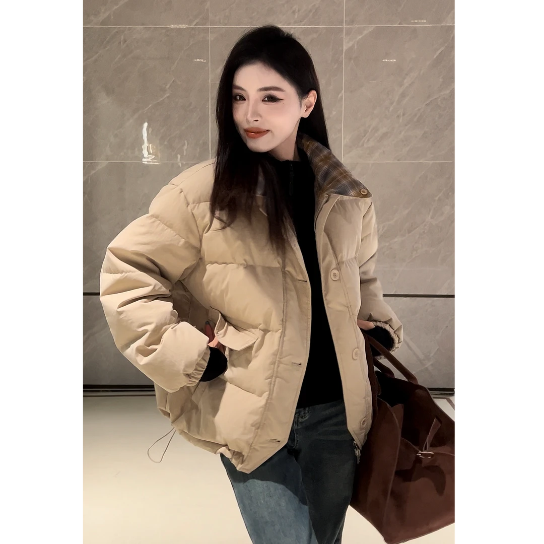 宽松冬款品质女装两面穿格子复古短款保暖棉服女冬季新外套【9013】