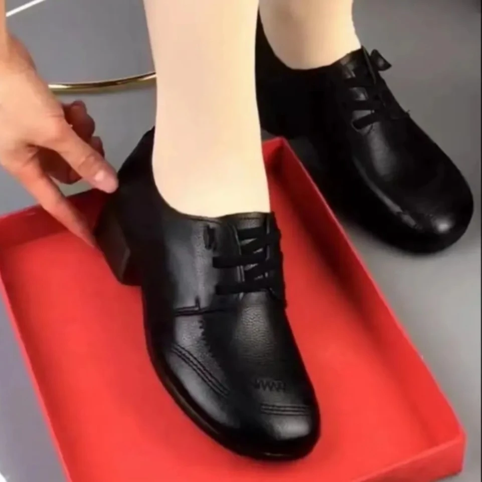 新款春季百搭粗跟圆头方跟软底软面休闲妈妈鞋6062