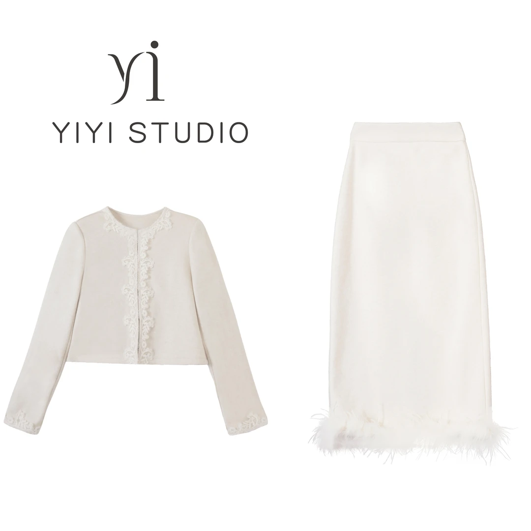 【白茶月光】<宠粉内购会>气质圆领拼接绣花短外套高腰直筒半身裙