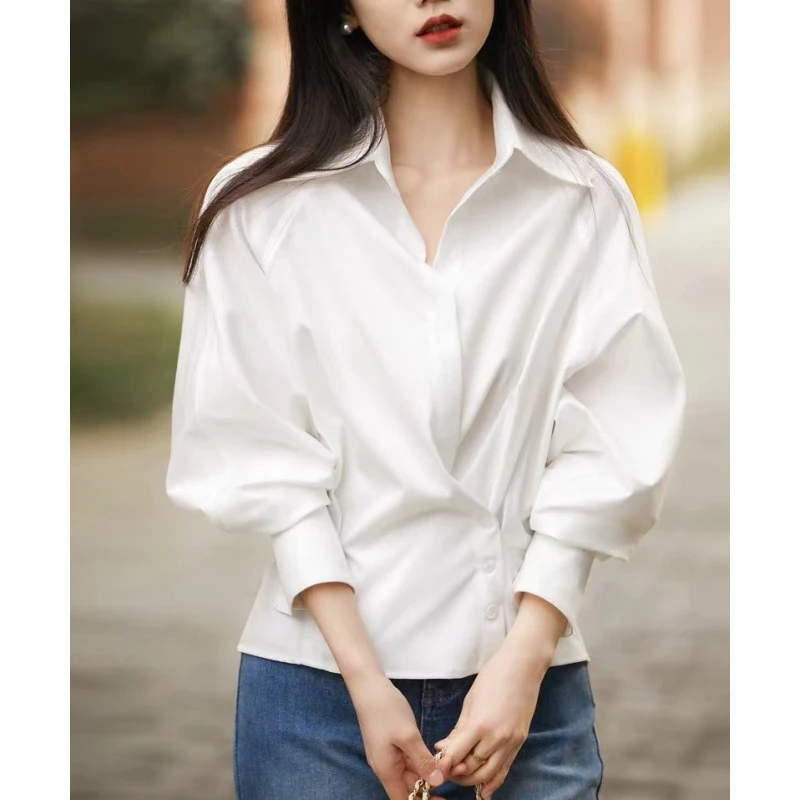 (HYM839)衬衫女复古宽松显瘦上衣夏斜扣百搭气质感衬衣设计感