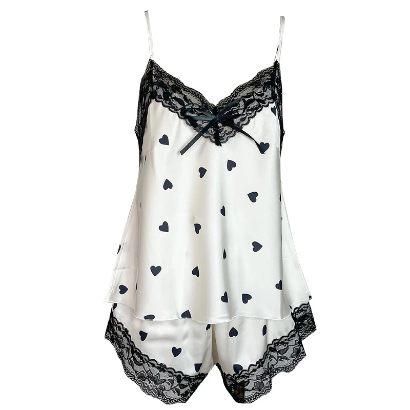 Say nono【懒猫nono】白底爱心短裤吊带睡衣居家服套装夏季舒适蕾丝