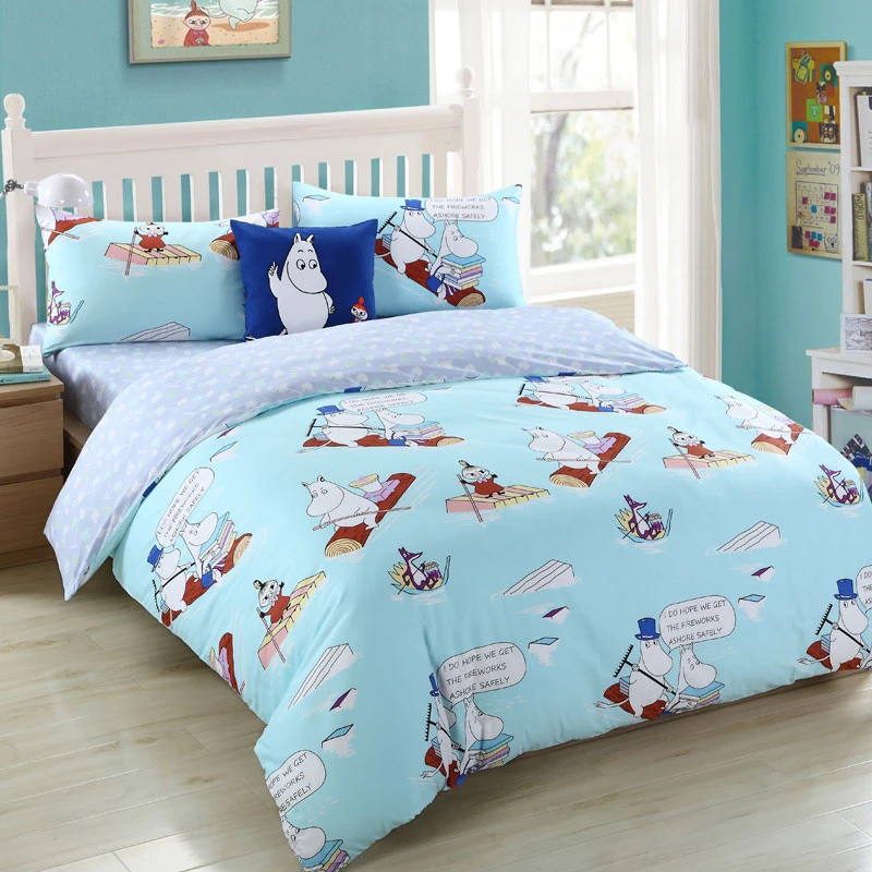 欧百纯棉卡通姆明历险记蓝粉四件套儿童床上用品套件斜纹印花