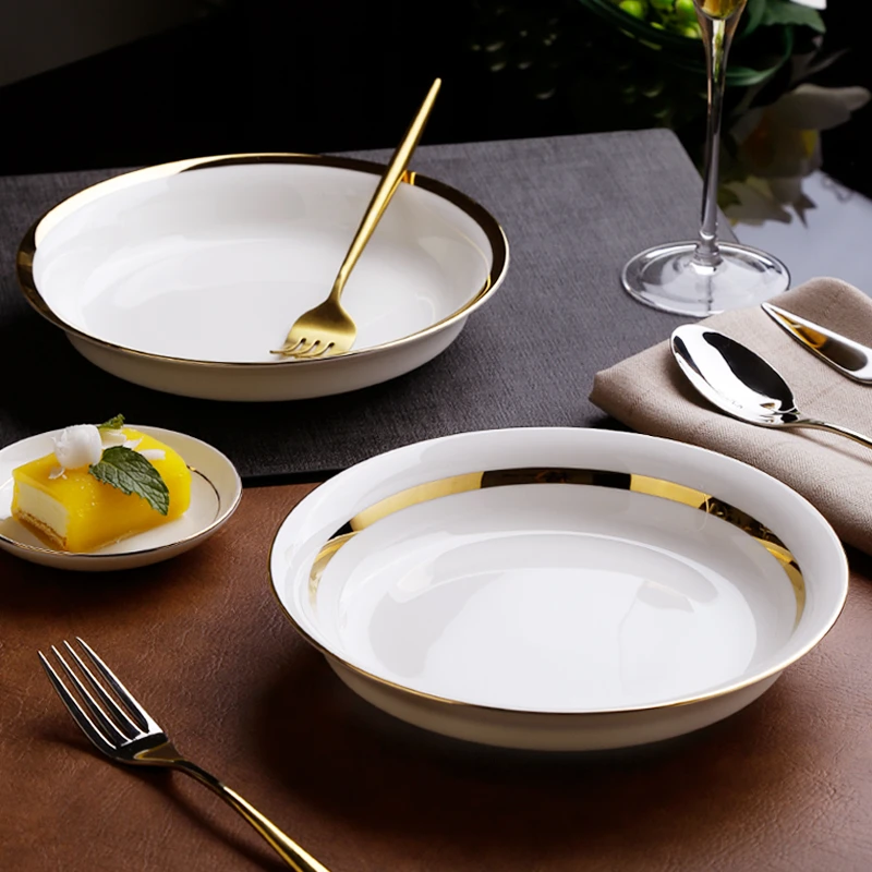 手绘餐具金边盘子7.2英寸菜盘菜碟家用圆形深盘西式餐厅酒店汤盘