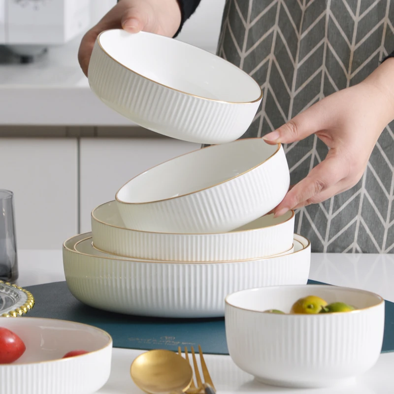 御陶世家盘碗餐具骨瓷盘子欧式简约金边盘5英寸家用圆形深盘白色