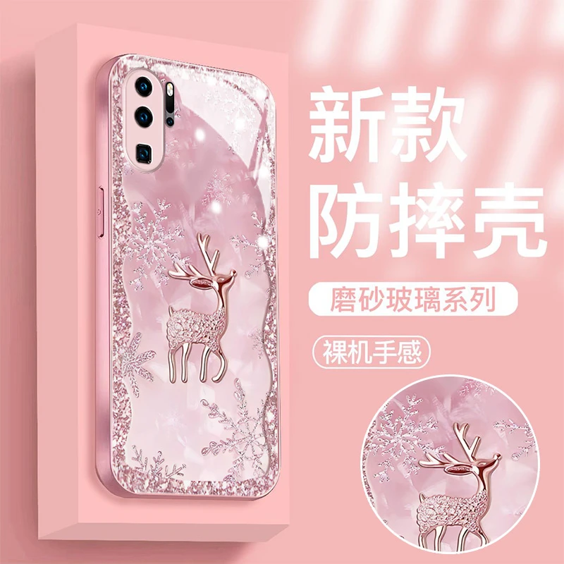 华为P30Pro轻奢感雪花小鹿2023新款金属漆钢化玻璃全包保护手机壳