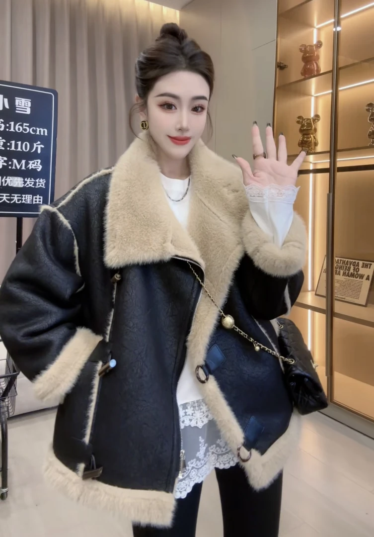 【现货清仓】冬季皮毛一体机车服女加厚毛气质减龄女时髦外套
