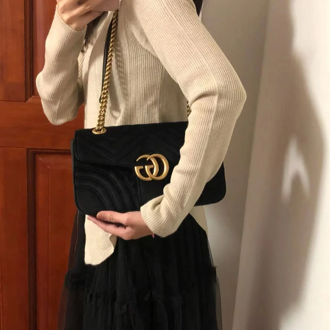 99新 GUCCI/古驰 gucci marmont26丝绒黑金/公价无/甄选