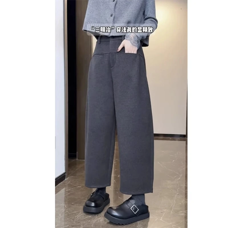 阔腿哈伦裤女毛呢子九分香蕉裤冬小个子百搭显瘦萝卜裤大码弯刀裤