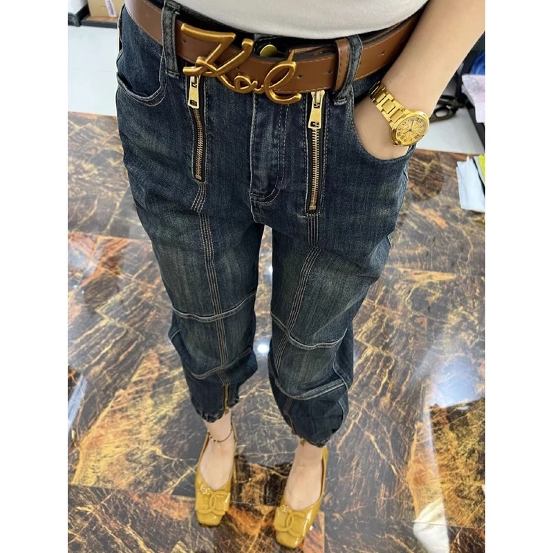 小众束脚哈伦牛仔裤女秋2023新款大码高腰显瘦梨形身材九分萝卜裤
