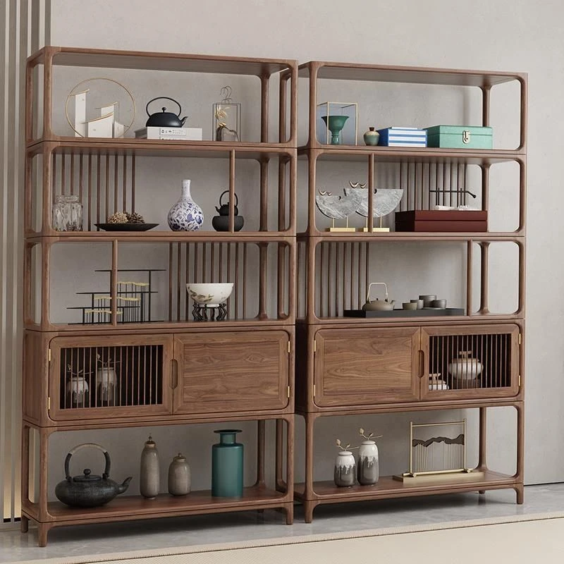 新中式老榆木博物架隔断黑胡桃木博古架实木书架茶室展示置物架