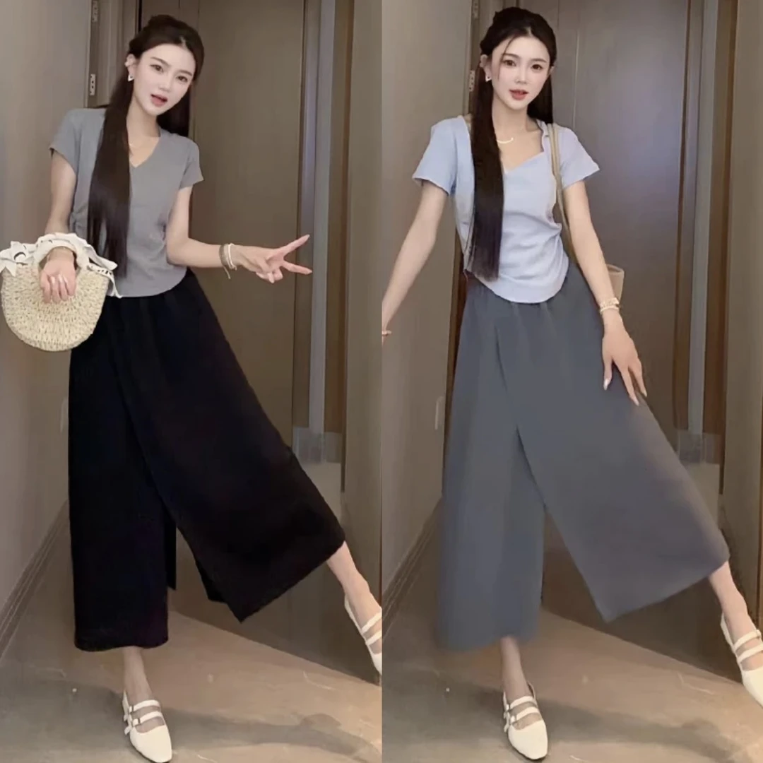 直筒裤裙夏季女显瘦半身裙裤八分裤工装清凉透气女高腰宽松休闲裤