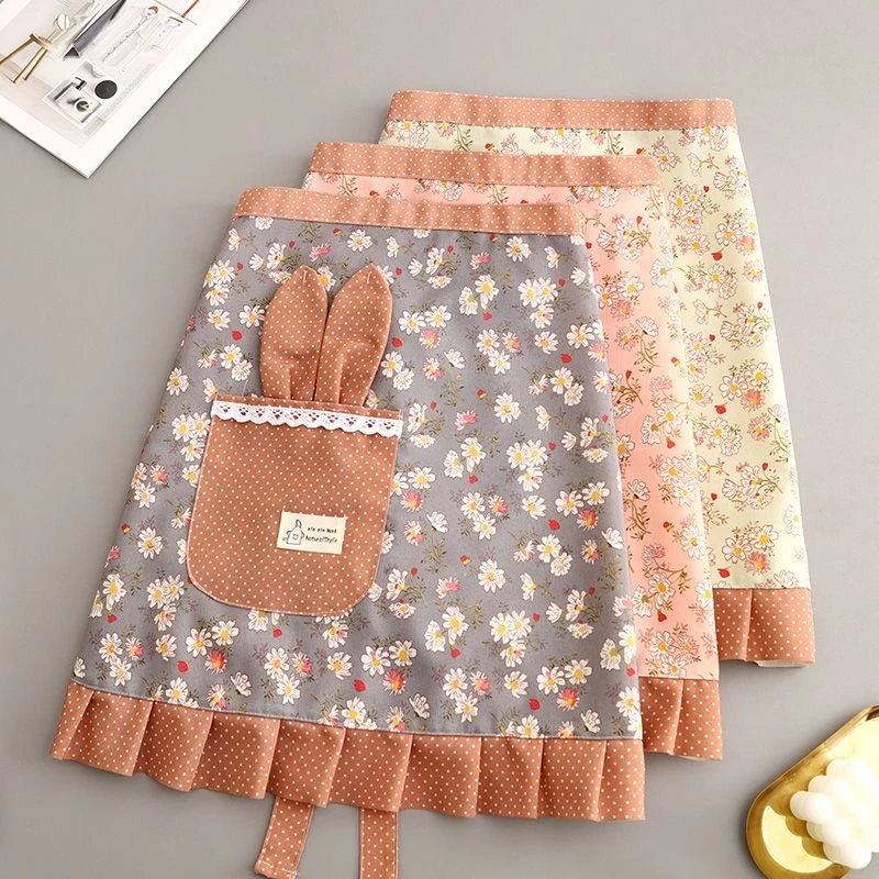 时尚半身围裙厨房家用帆布防污围腰新款可爱工作服耐磨防油洋气