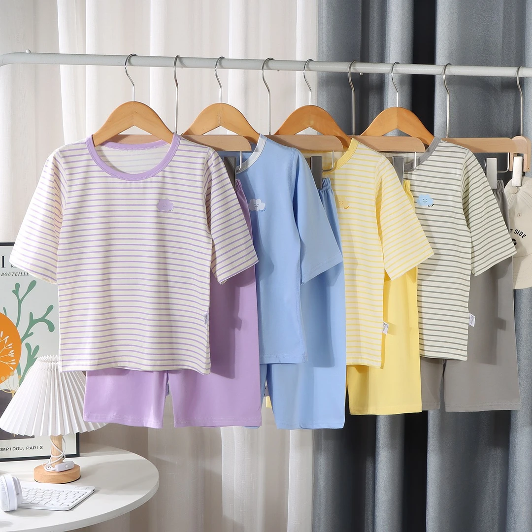 【7A抗菌】儿童夏季薄款冰瓷棉七分袖套装宝宝儿童洋气条纹家居服sl