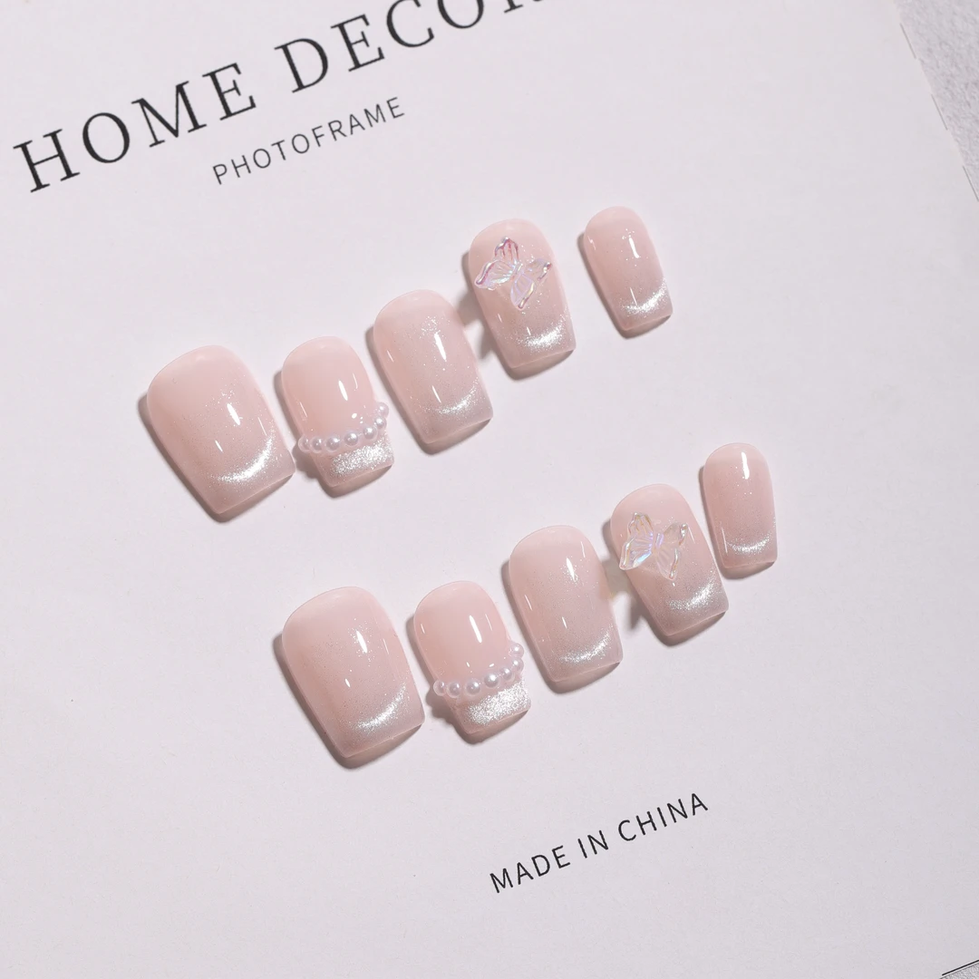 【日与月光】NFC手工穿戴甲源头工厂中短款温柔珍珠法式猫眼美甲