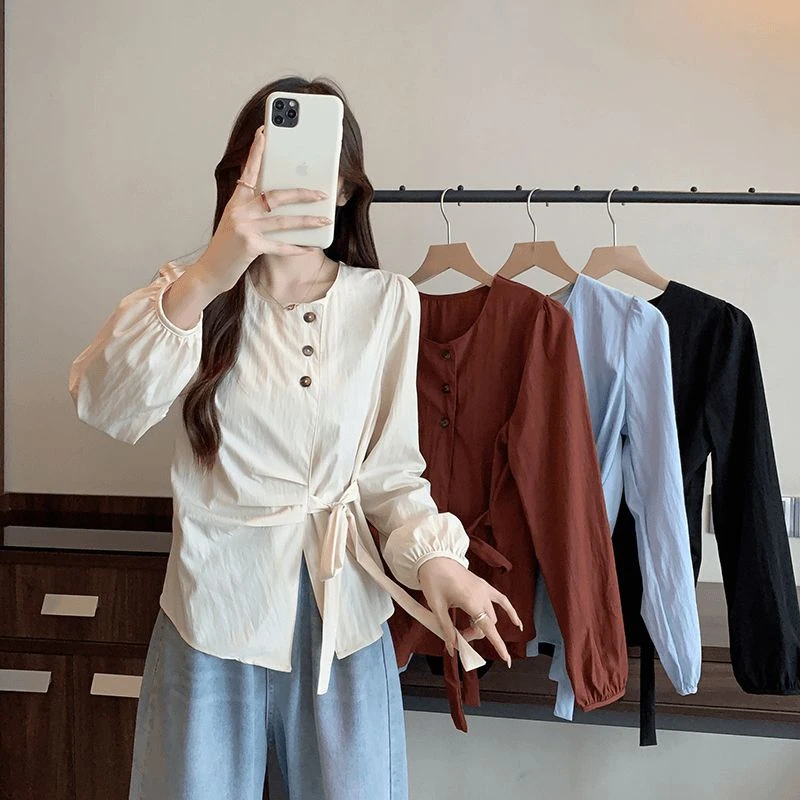 2024秋装新款胖mm大码女法式高级感不规则蝴蝶结绑带上衣6061