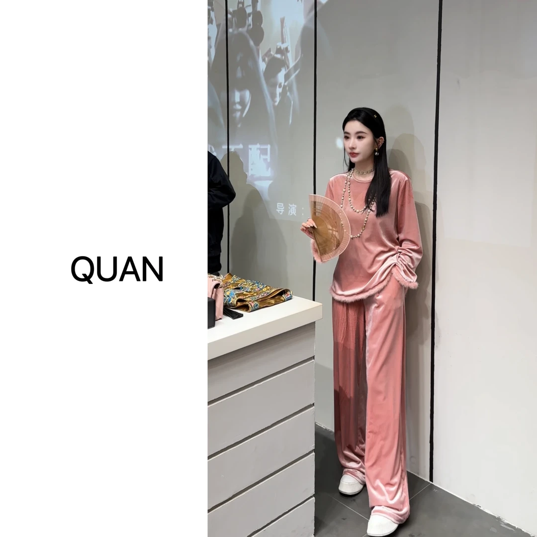 新款【美少女】水貂毛休闲百搭简约风丝绒上衣双层加绒阔腿裤套装