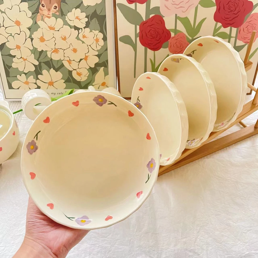 【2个装/4个装】7英寸盘子奶油风紫藤花家用盘陶瓷餐具组合可爱深盘