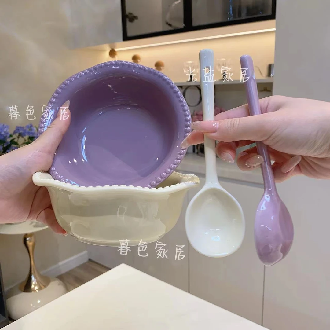 【甜品碗+长柄勺】陶瓷双耳小汤碗勺家用装汤碗学生可爱餐具