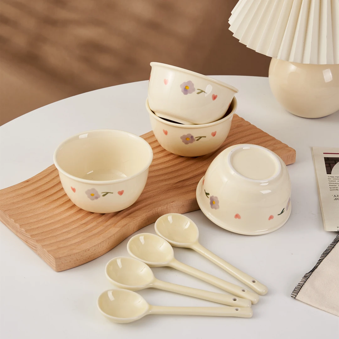 【4碗/4碗4勺/6碗/6碗6勺】奶油风紫藤花家用碗套装可爱米碗汤碗勺