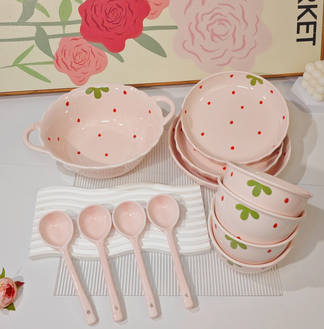 【12件套】奶油粉双耳汤碗米饭碗圆盘深盘奶油草莓套装陶瓷餐具碗盘
