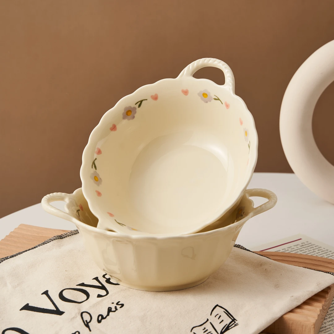 【茉莉专属】【双耳花瓣汤碗】奶油风家用碗套装陶瓷餐具大碗汤碗勺