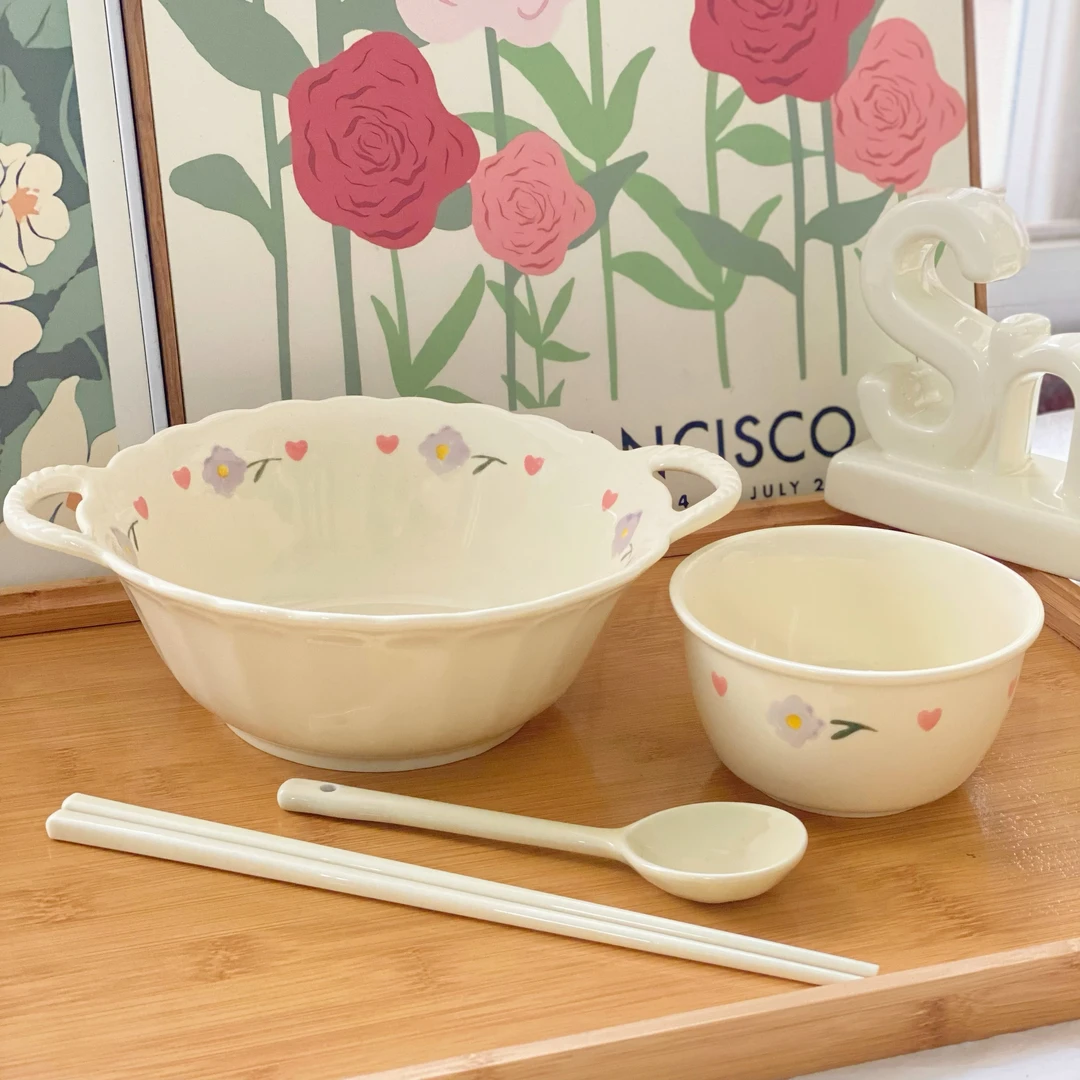 【4件套】奶油风双耳汤碗米饭碗勺筷紫藤花陶瓷餐具家用组合大容量