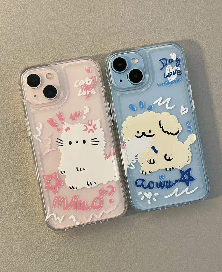 ins小猫小狗适用iPhone14/13情侣手机壳xsmax透明12/11涂鸦xs/xr8