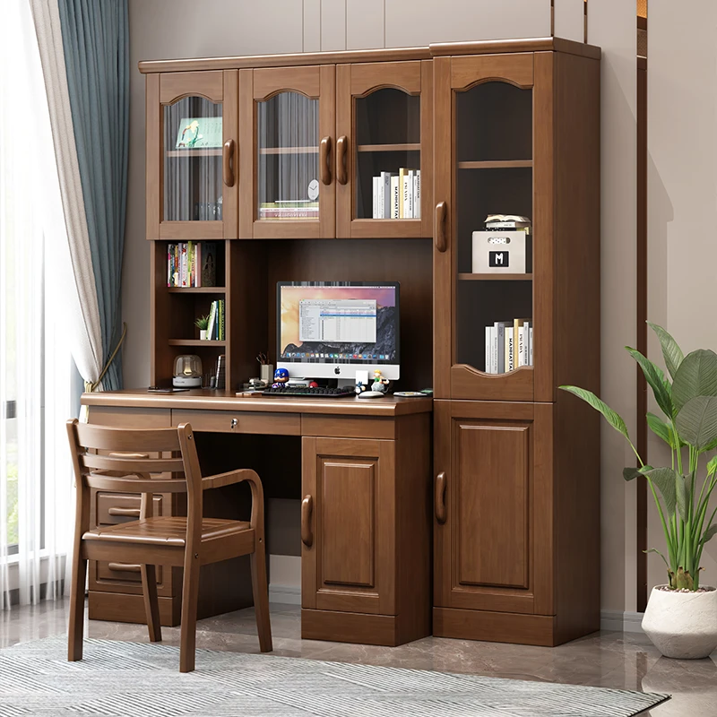 源源有为实木书桌桌子成人电脑桌书房写字台家用学习书桌书柜一体