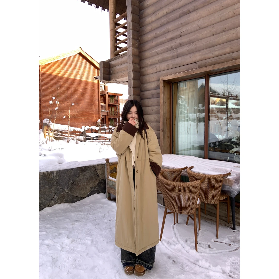 YOKLASS少女家 卡其色长款翻领棉服加厚保暖韩版外套 Y27849S44