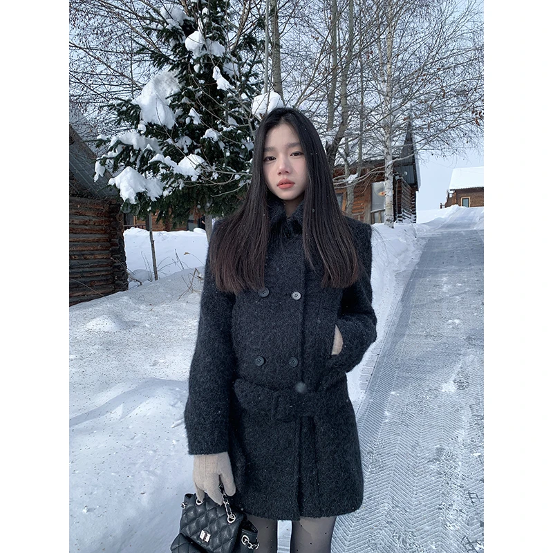 王少女的店黑色保暖翻领单面呢外套秋冬小香风韩系大衣 N28076S44