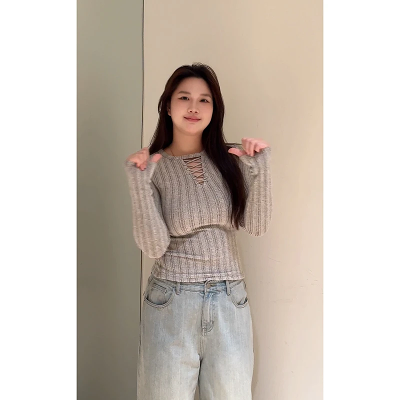 YOKLASS少女家 【清清】杏色圆领交叉长袖上衣百搭针织衫Z28825S44
