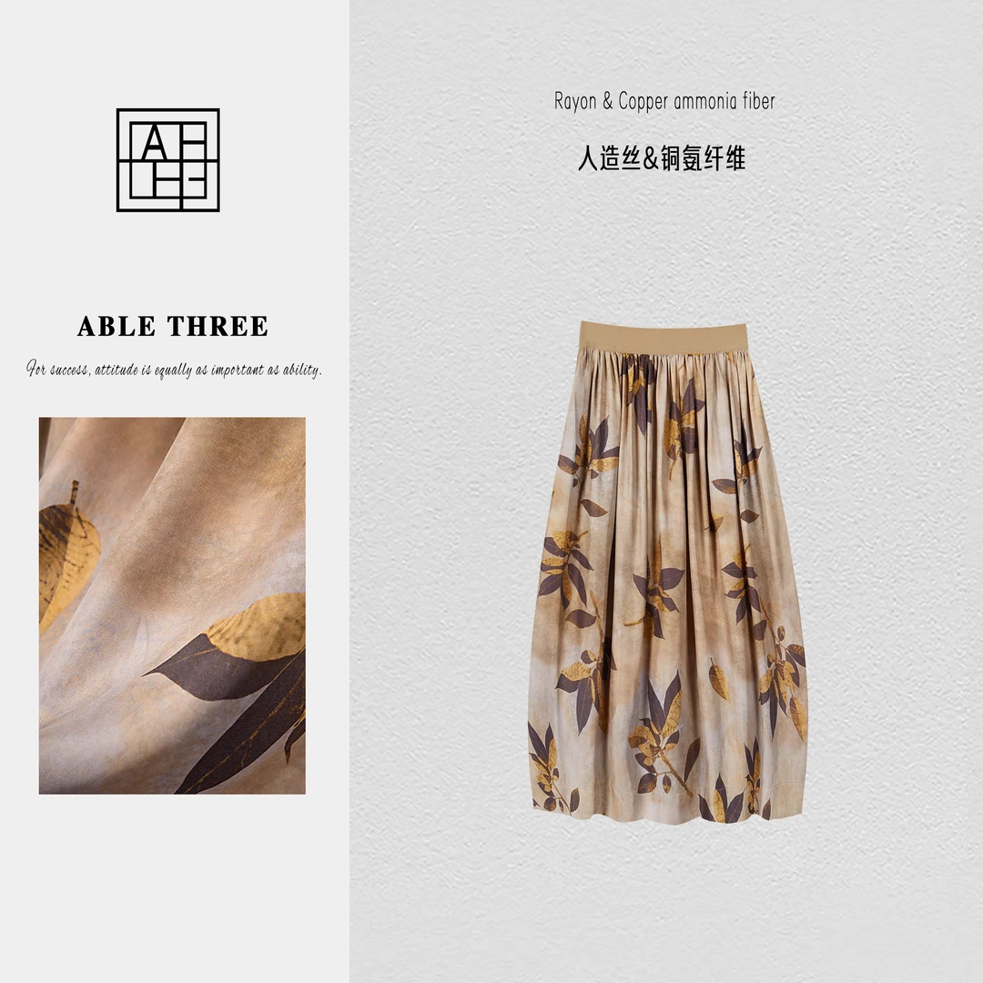 ABLE THREE【草木】新中式印花显瘦光滑垂感半身裙 BY-SS8924