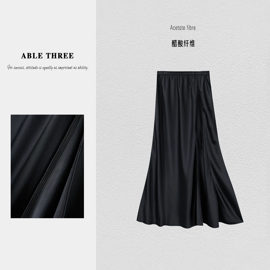 ABLE THREE【醋酸鱼尾裙】黑色缎面垂感半身裙 SY-SS8889