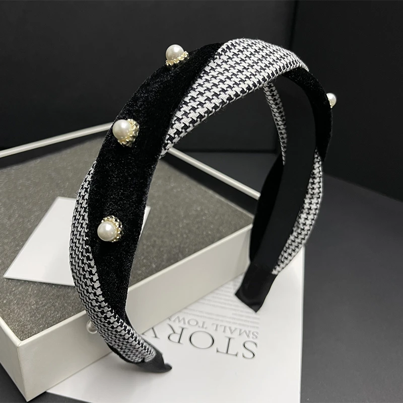 千鸟格秋冬双拼款小香风珍珠发箍女头发发卡压发头箍头饰网红饰品