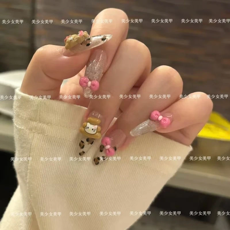 爆闪黑皮kt猫蝴蝶结卡通穿戴美甲豹纹个性HelloKitty猫手工美甲