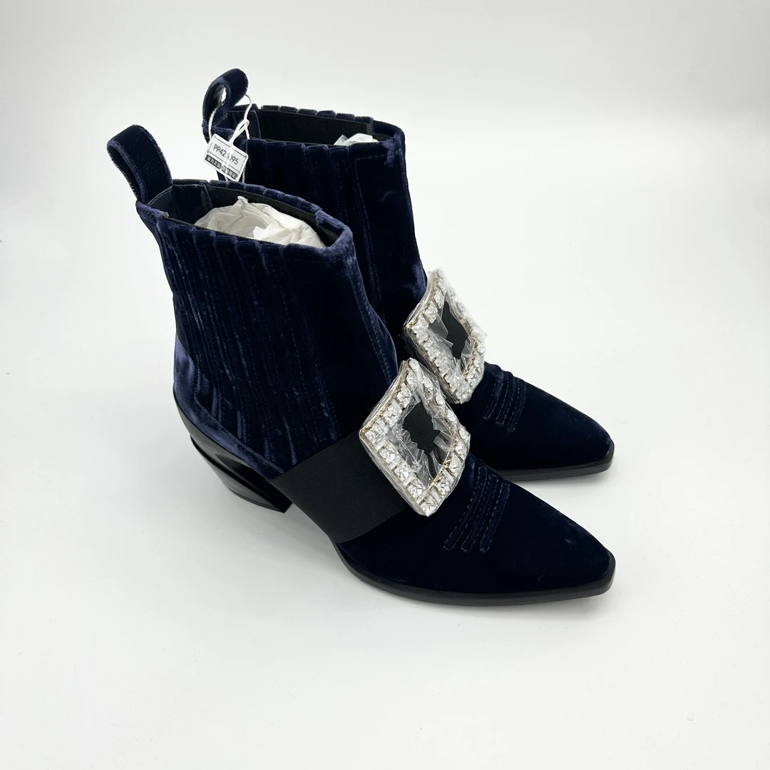 RV/37码/蓝色丝绒面尖头切尔西靴/98新/pp426095