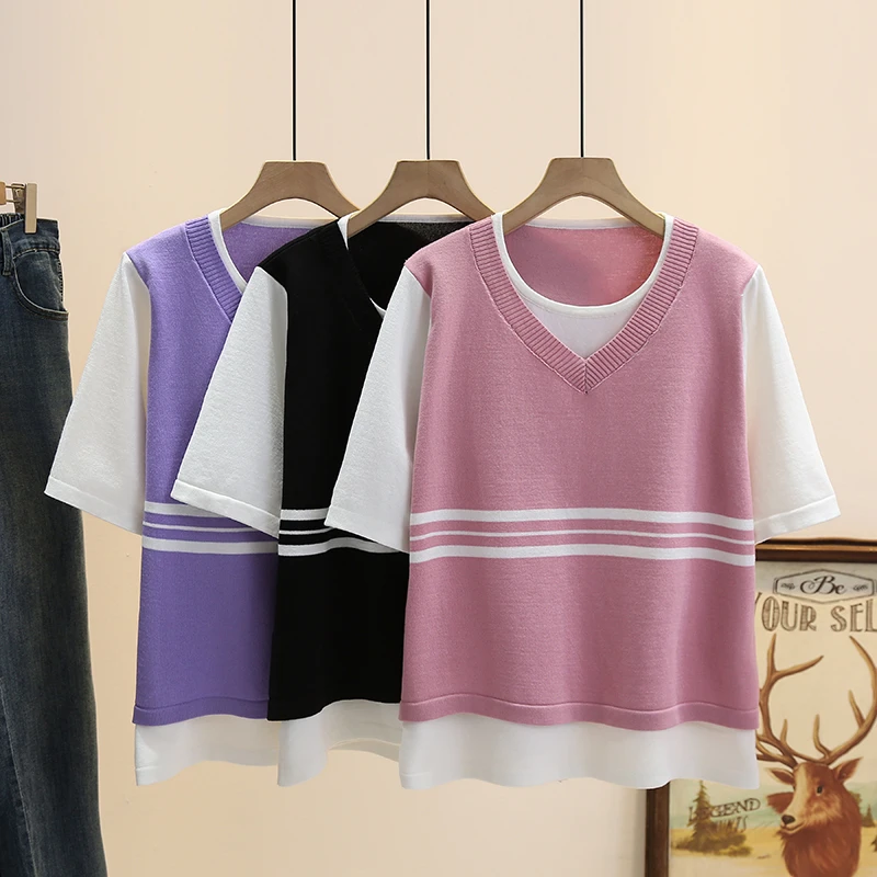 梦冬佳--110-190斤大码女装胖mm洋气显瘦百搭针织假两件短袖上衣