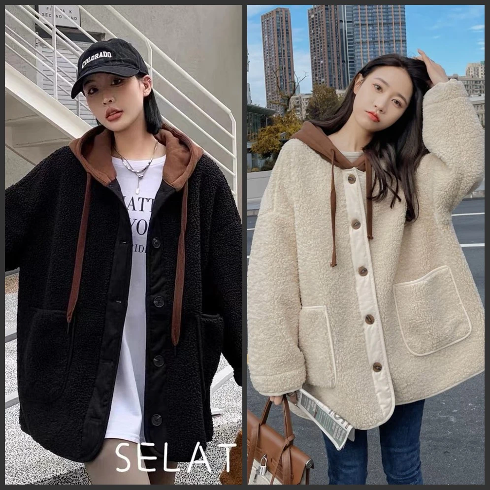 【清仓现货】100-200斤大码女装百搭连帽撞色毛绒外套上衣小个子