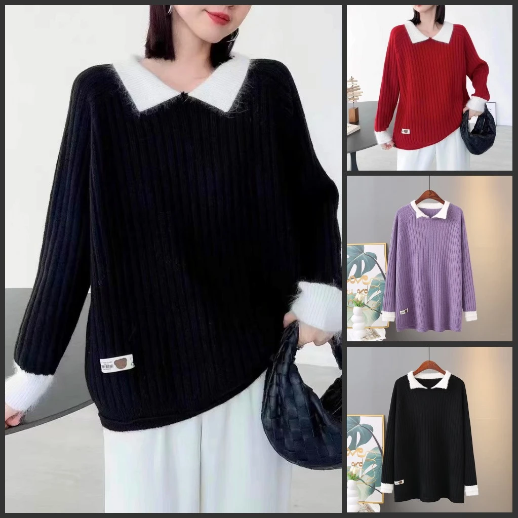 【清仓现货】110-200斤大码女装秋冬套头小翻领撞色遮肚子毛衣上衣