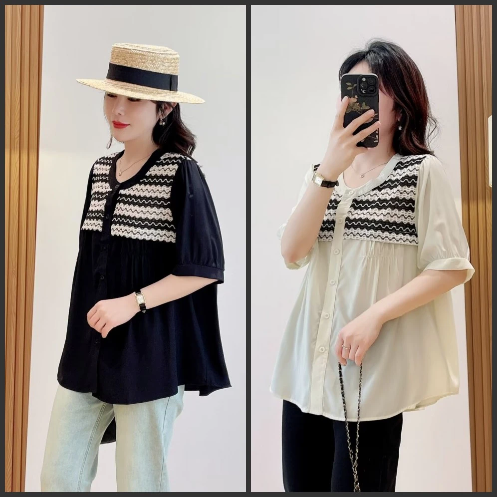 梦冬佳--110-200斤大码女装夏季洋气显瘦蕾丝拼接韩版遮肚小衫
