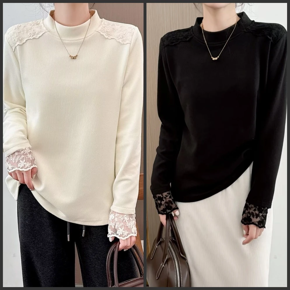 梦冬佳--110-195斤大码女装胖mm洋气显瘦拼蕾丝保暖T恤打底衫内搭