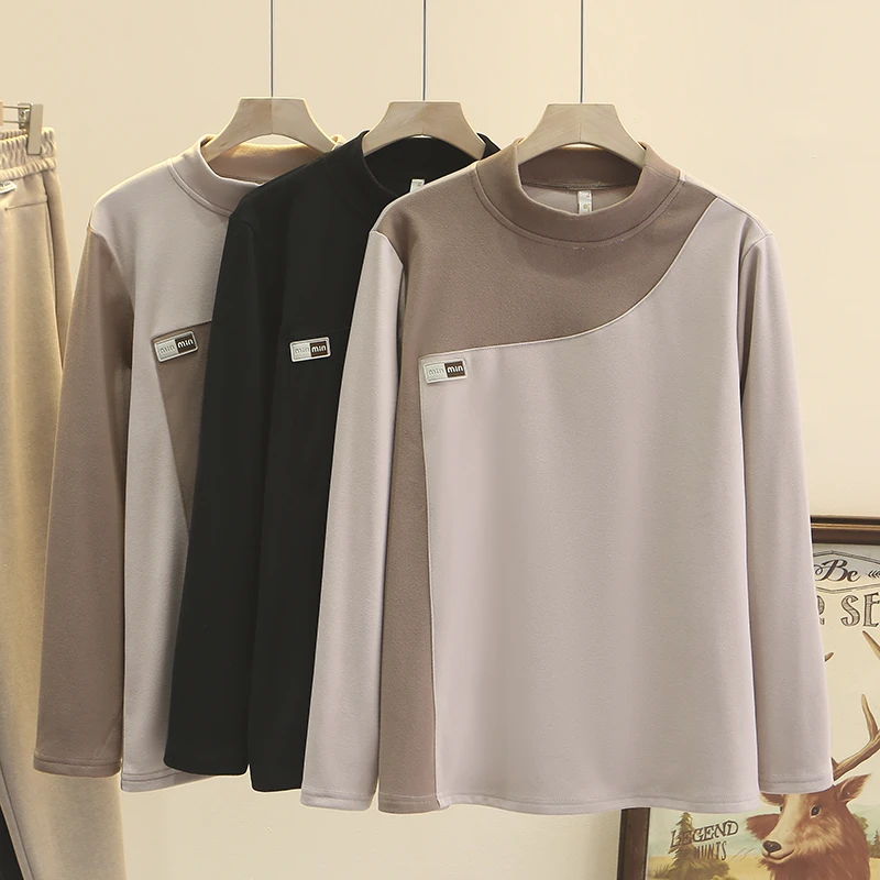 梦冬佳--110-200斤大码女装时尚洋气拼接款显瘦百搭半高领打底衫