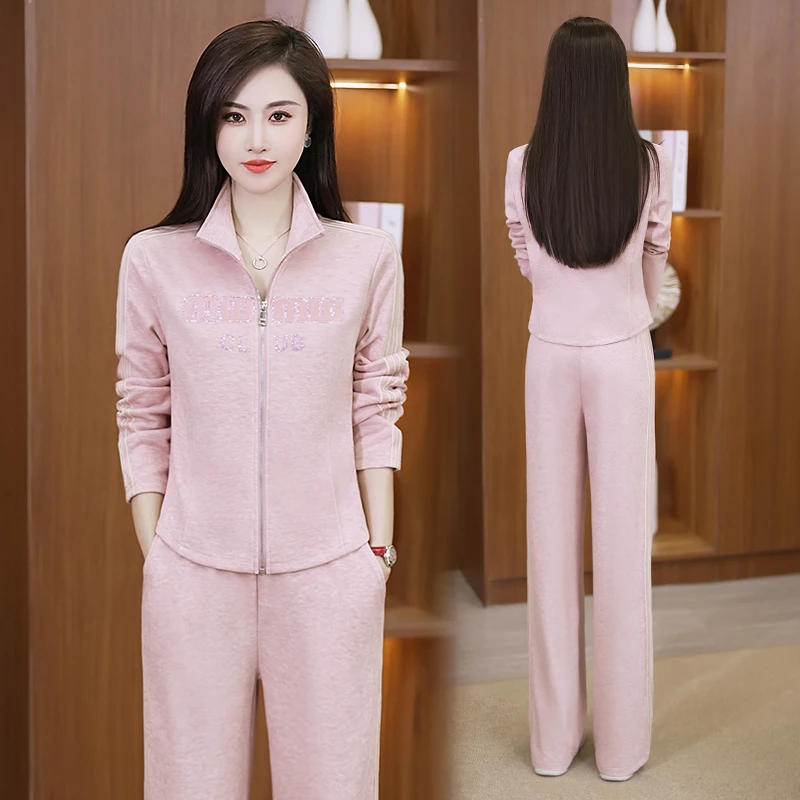 2025新款仿羊绒面料时尚立体刺绣休闲拉链立领开衫气质显瘦两件套