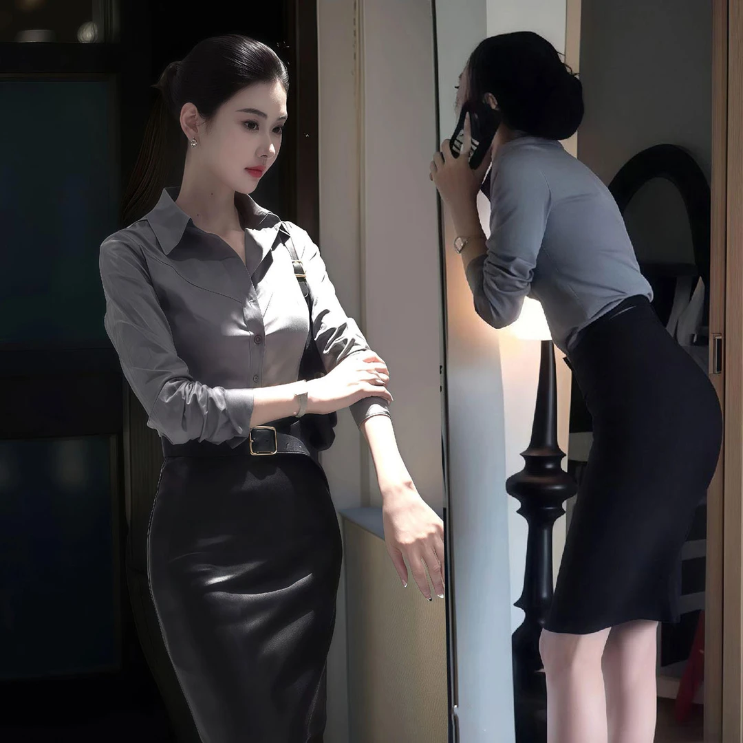 御姐轻熟风高级感通勤灰色衬衫女皮裙半身裙修身显瘦职业套装气质