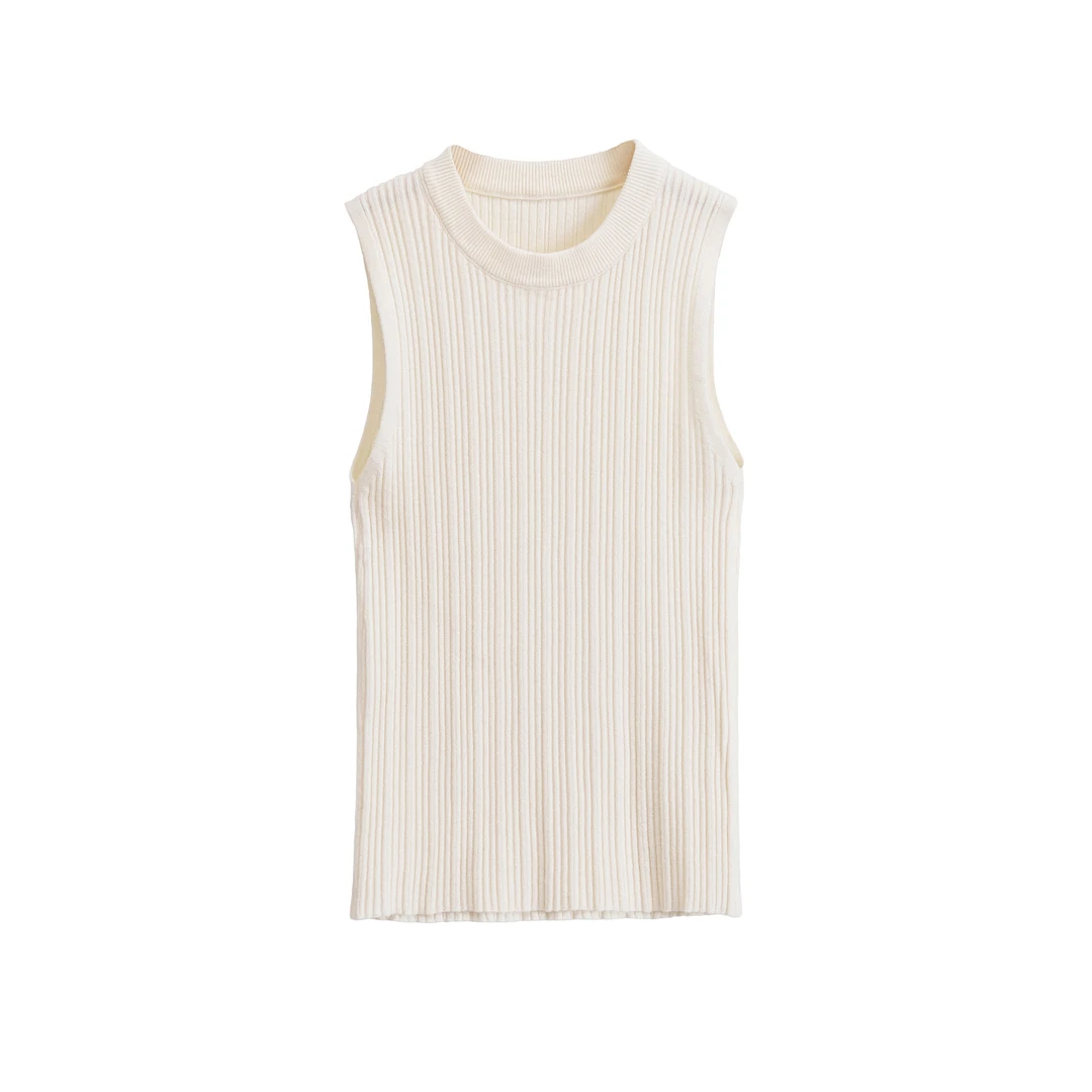 门店198！X1102 白色针织打底背心女小立领螺纹无袖打底衫工字背心